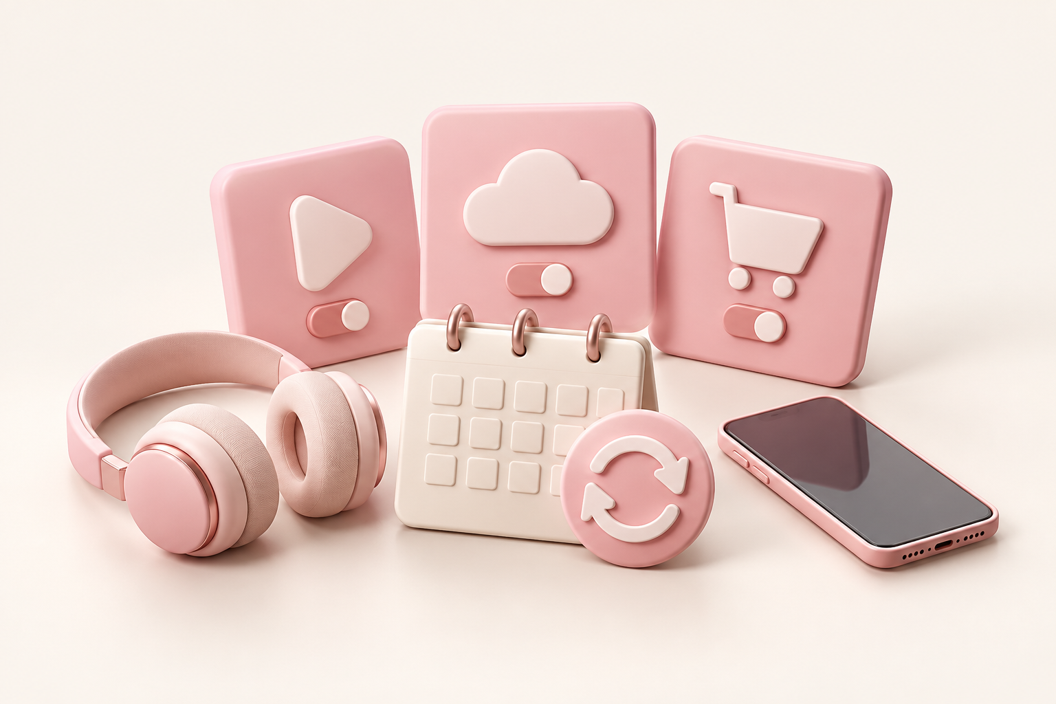 Pink betalingstavler, kalender, hovedtelefoner og mobil til faste betalinger