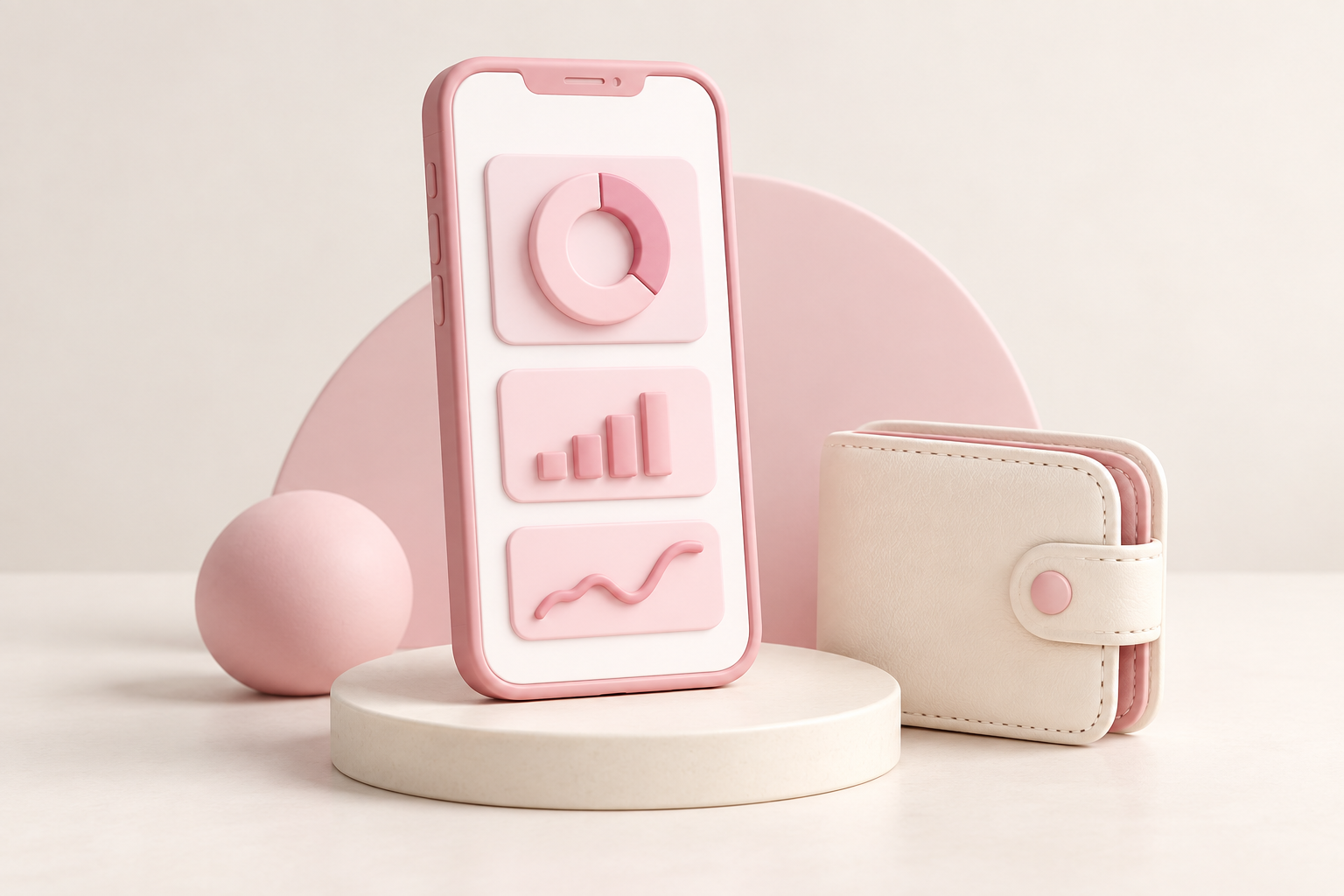 Pink mobil med en konceptuel budgetillustration og en lys pung