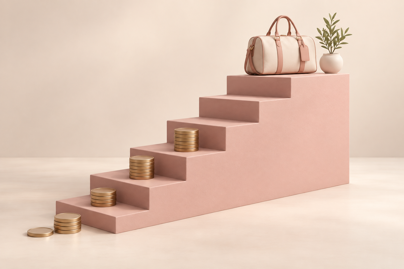 Pink trappe med mønter, rejsetaske og plante