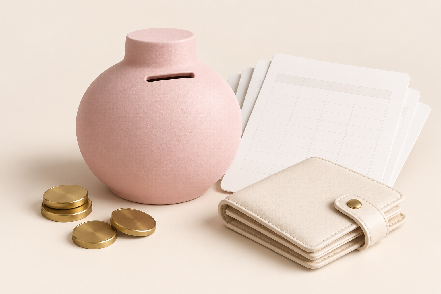Pink sparebeholder, budgetark og pung til et privat budget