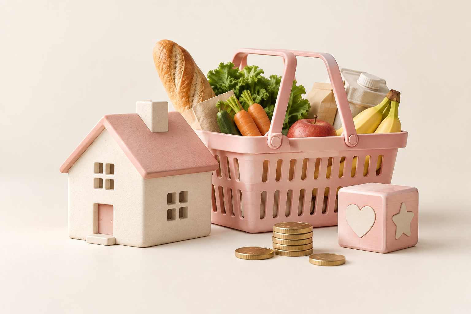Lille hus, pink indkøbskurv, legetøj og mønter til familieøkonomi
