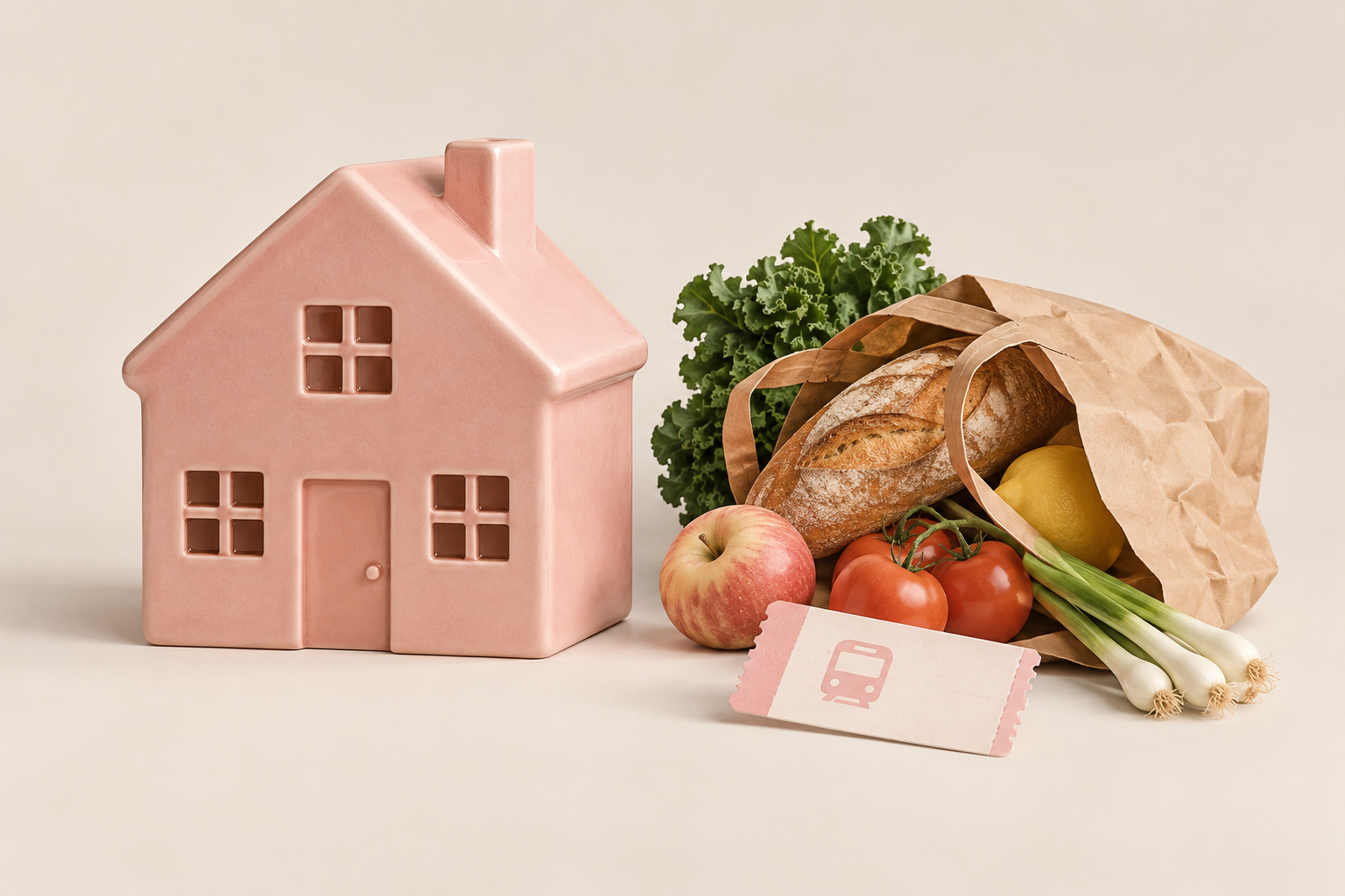Pink hus ved indkøbstaske og billet