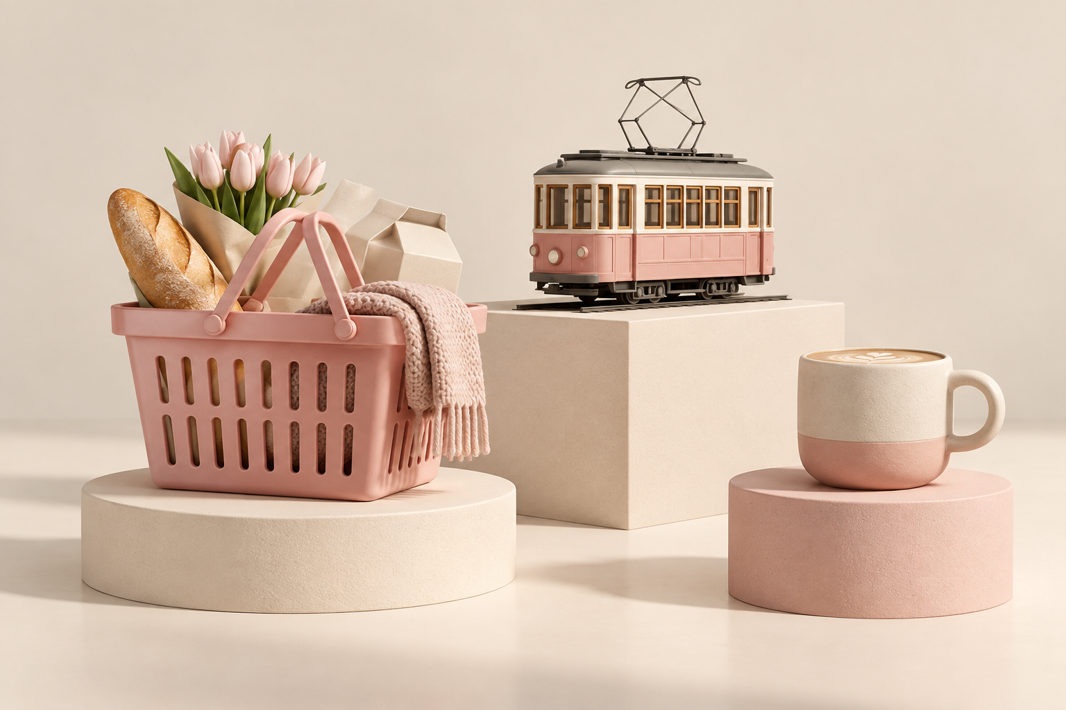 Pink indkøbskurv, sporvogn og kaffekop