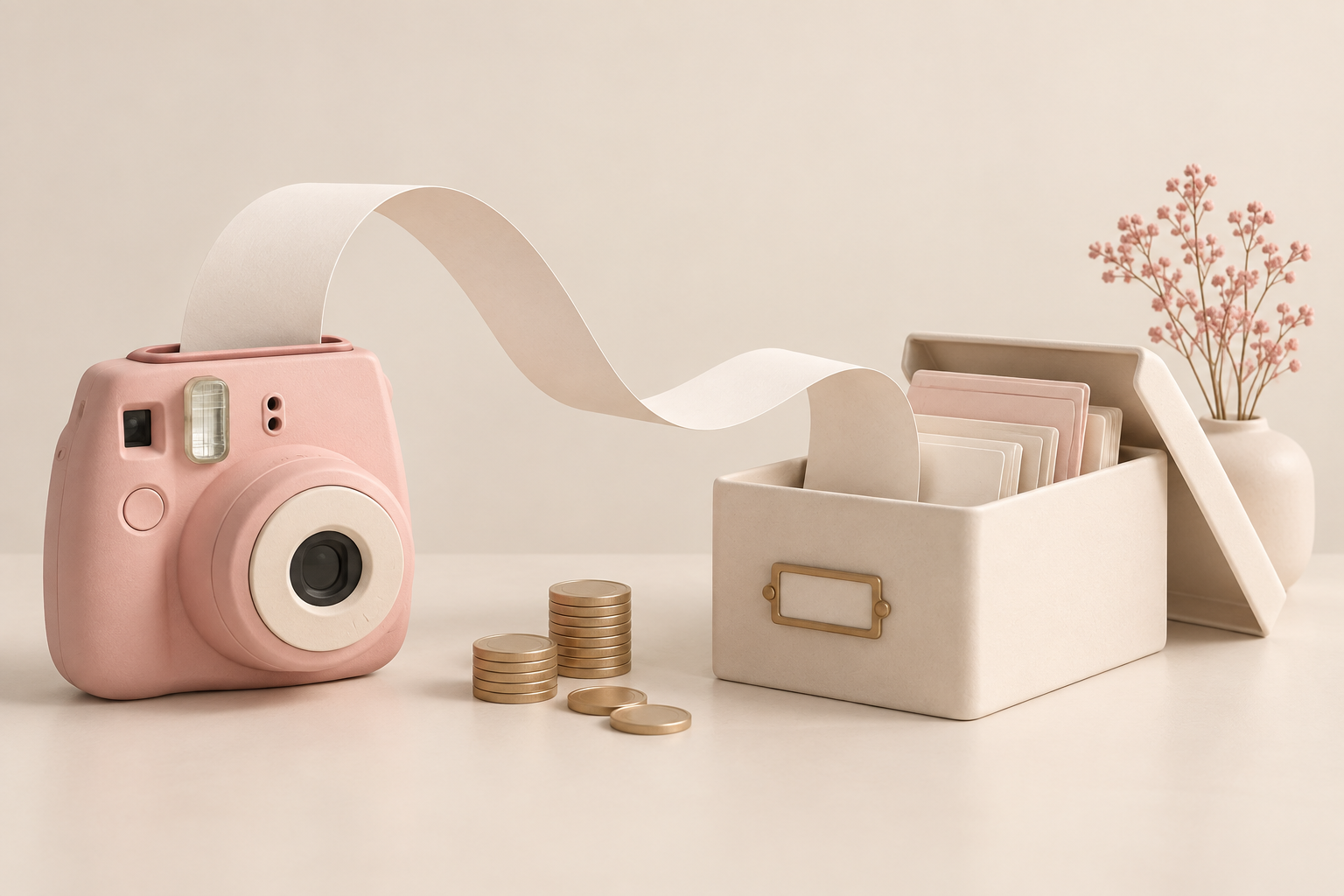Pink kamera med kvittering og arkivboks