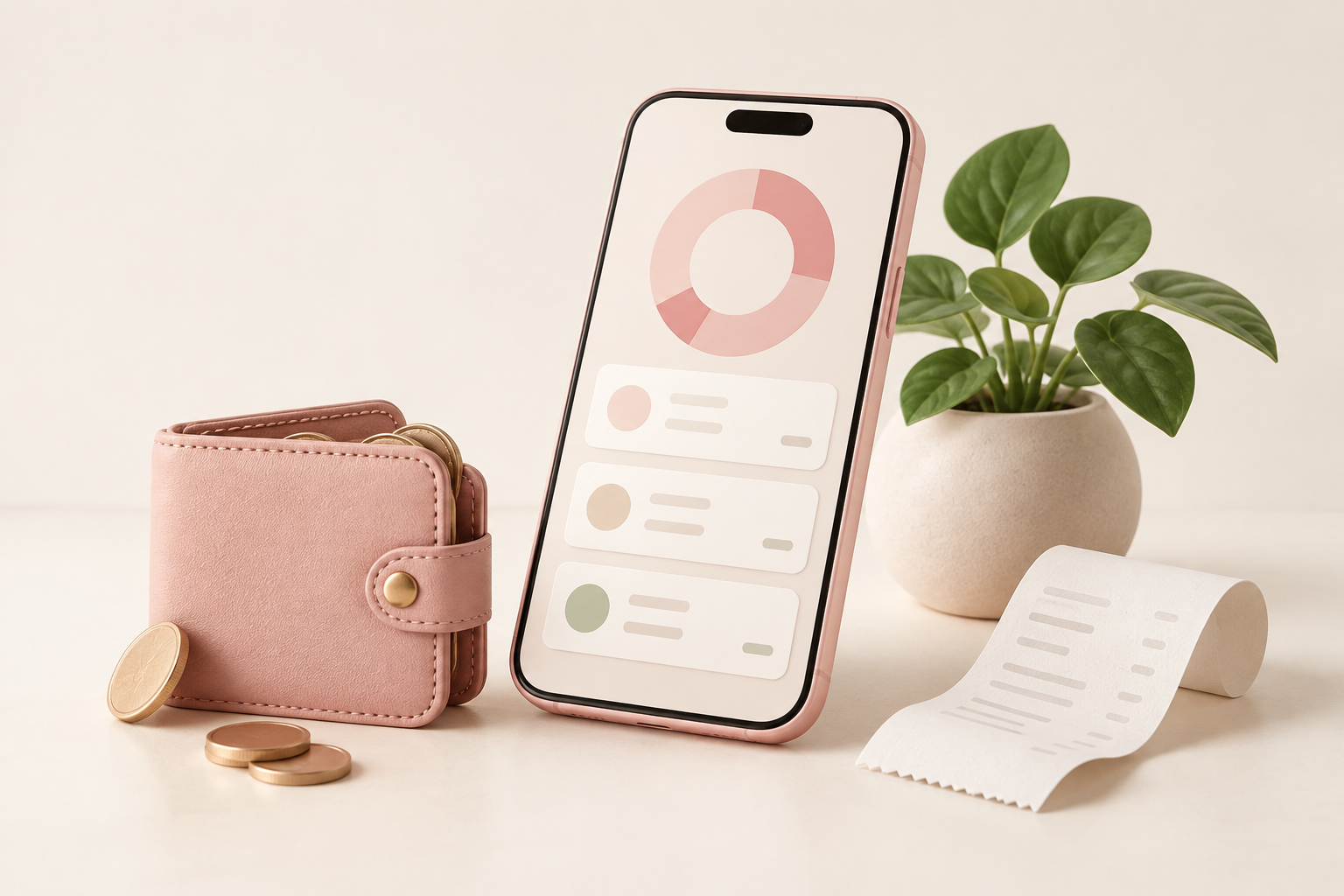 Pink mobil med budgetbrikker ved pung, kvittering og plante