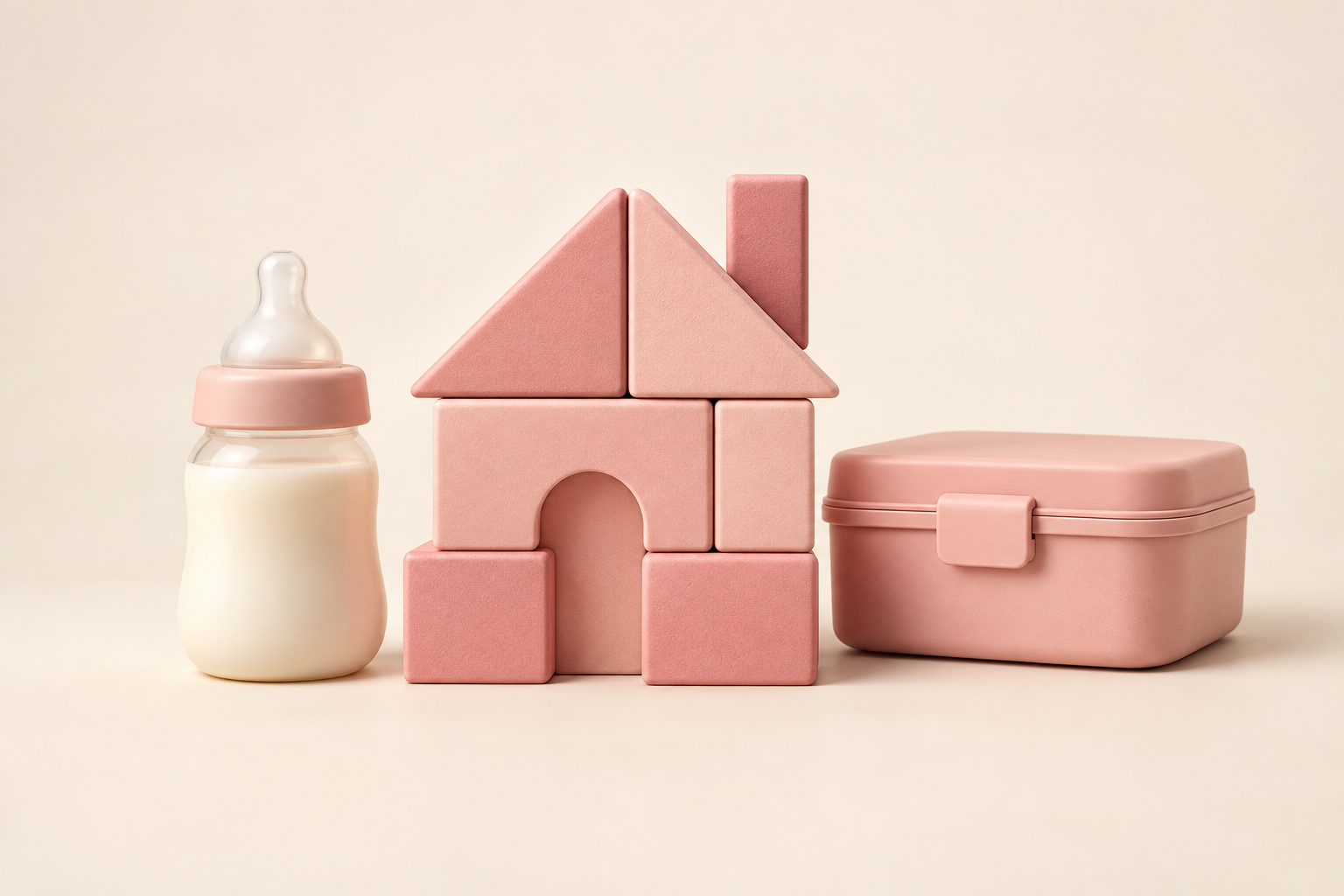 Pink byggeklodshus, sutteflaske og madkasse