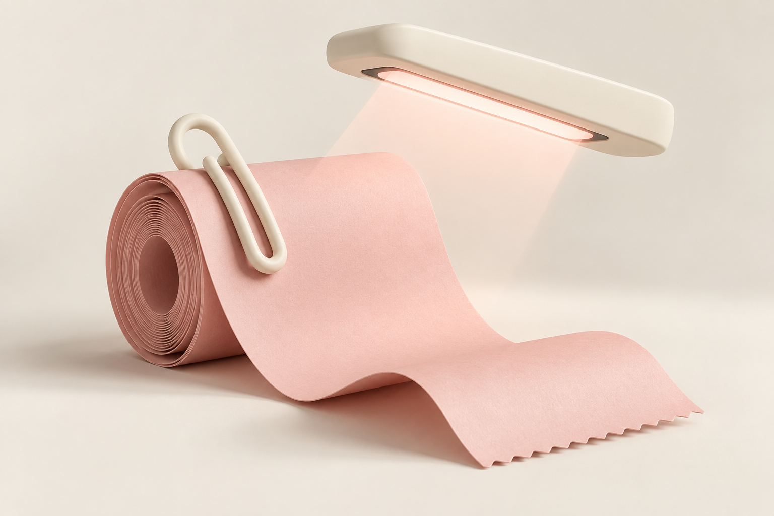 Pink kvitteringsrulle ved papirclips og scanner