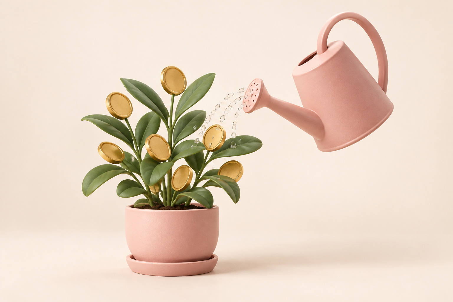 Pink vandkande ved plante med møntformede blade