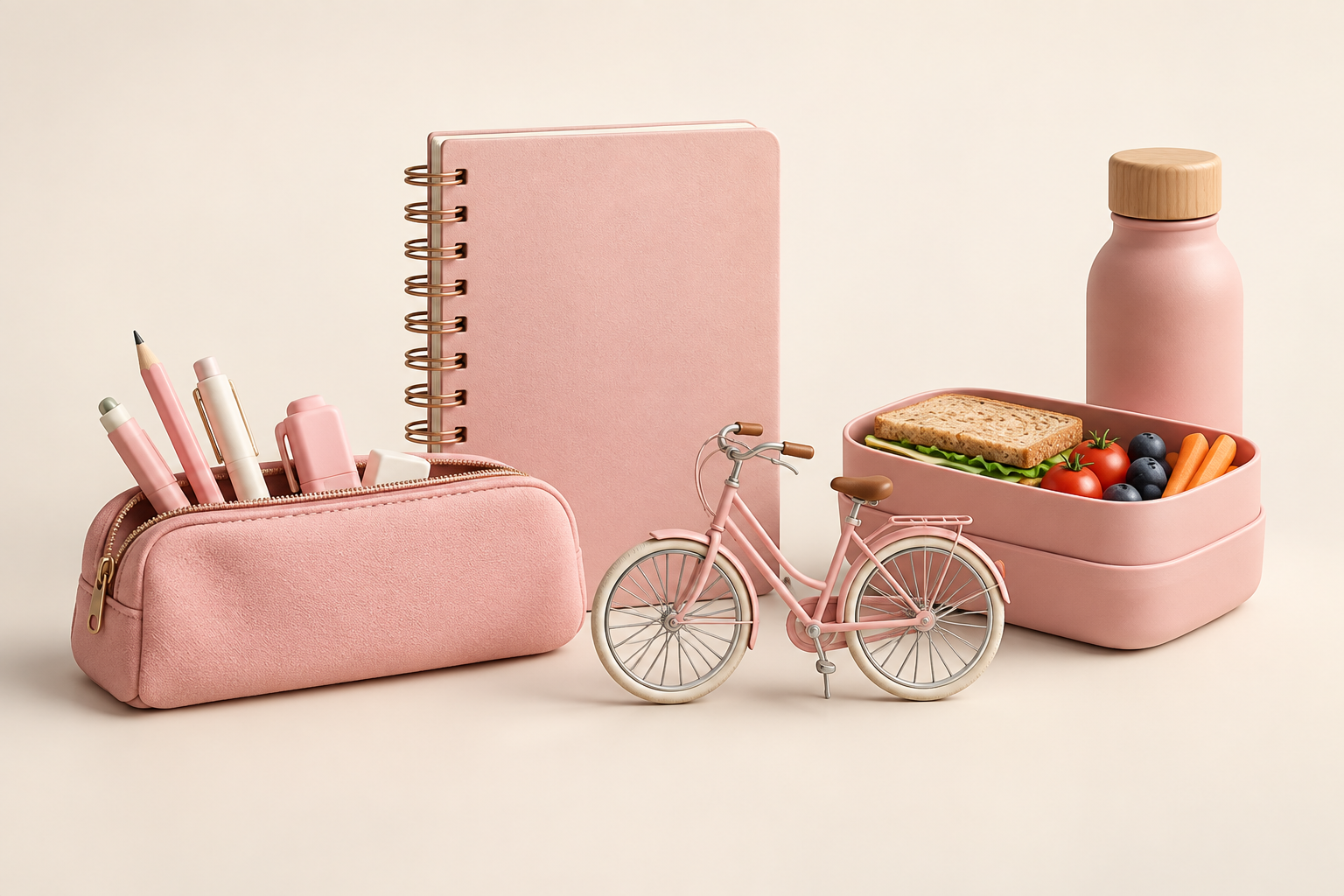 Pink penalhus, notesbog, cykel og madpakke