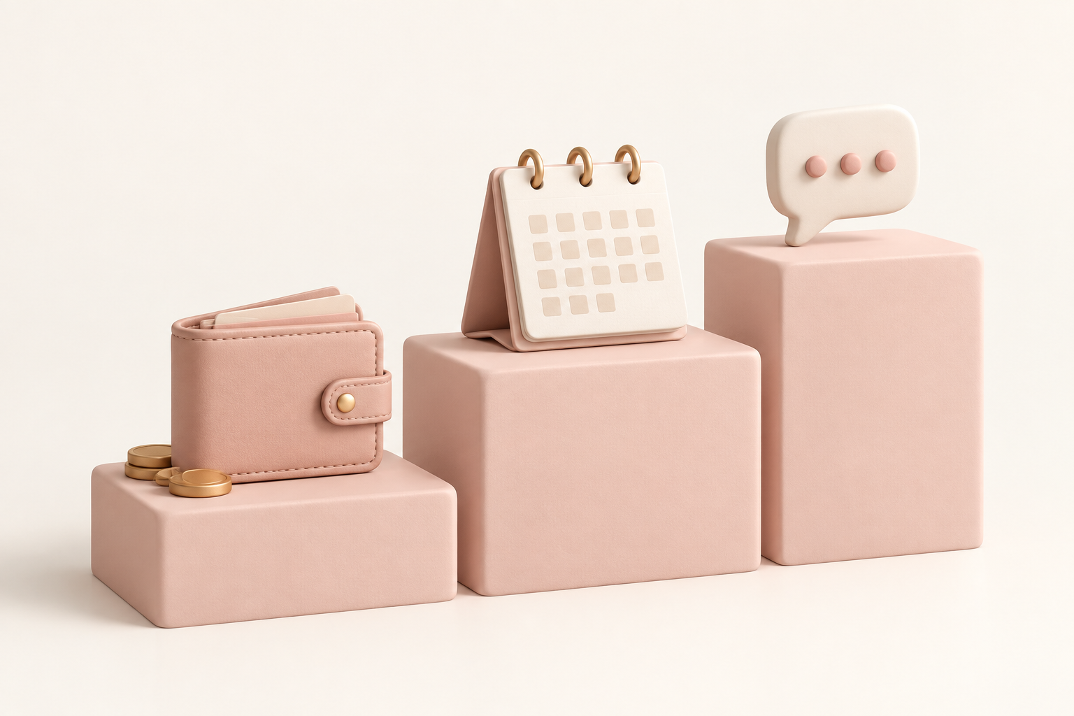 Tre pink podier med pung, kalender og taleboble