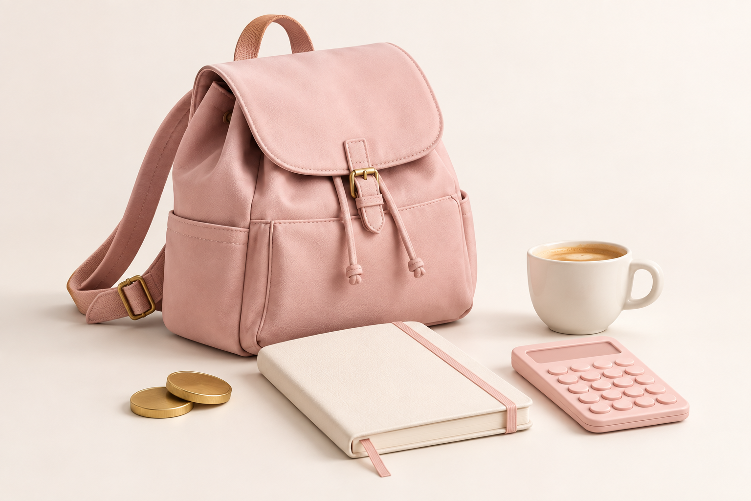 Pink rygsæk, notesbog, lommeregner, mønter og kaffekop til studiebudget